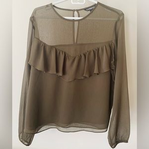 Express, Ruffle Blouse, Army Green, Olive, Semi Sheer, Size L, Date Night